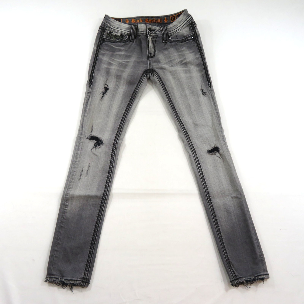 Rock Revival Betty Skinny Jeans Gray Black Accent Fleur Di Lis 27 Measured 28x31